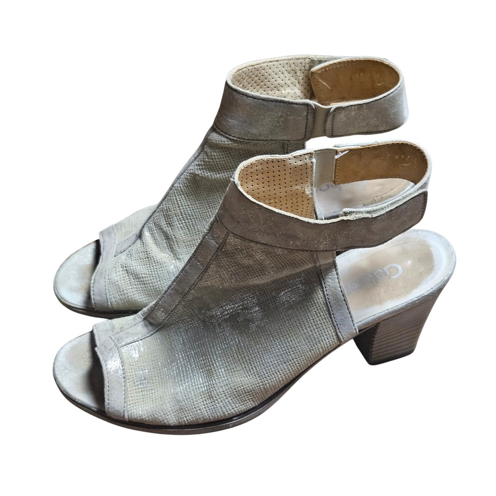 Gabor Metallic Textured Peep Toe Block Heel Slingback Sandals Silver 6 Whimsical